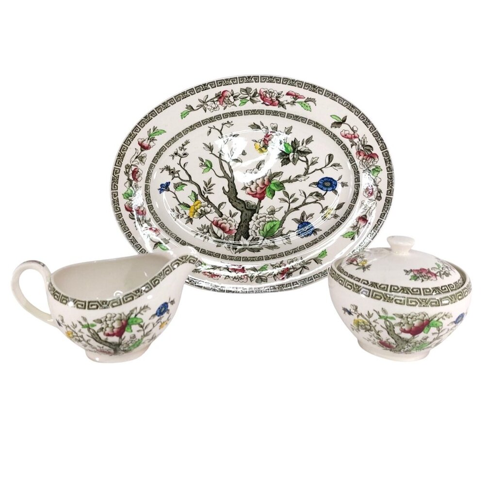 Vintage Johnson Brothers Indian Tree Green Key Platter Creamer Sugar Bowl Set